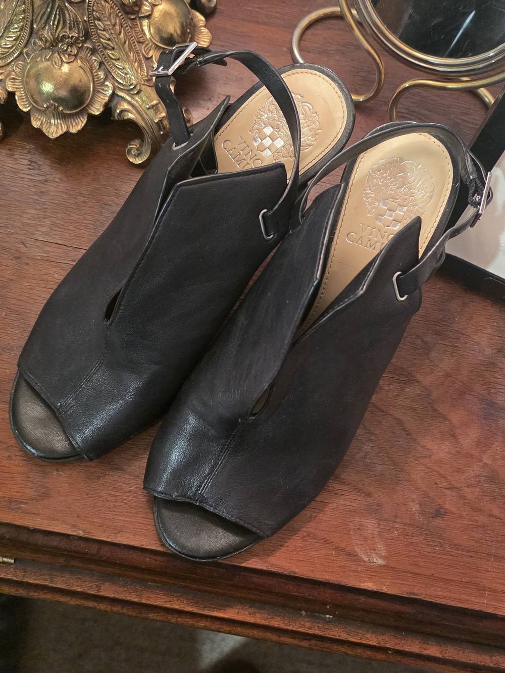 Vince Camuto Black Open-Toe Slingback Heels with Front Cutout